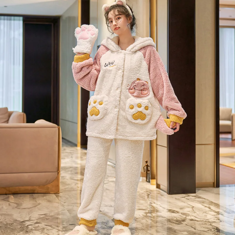 FUNISHI Winter Pajamas Plus Size 3XL Women's pajamas Plush Loose Version Hooded Pajama Set Cartoon Inspissate пижама женская