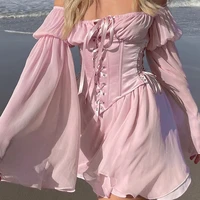 fairy pink chiffon mini dress chic women bandage corset vintage long puff sleeve sundress slash neck bridesmaid bodycon beach