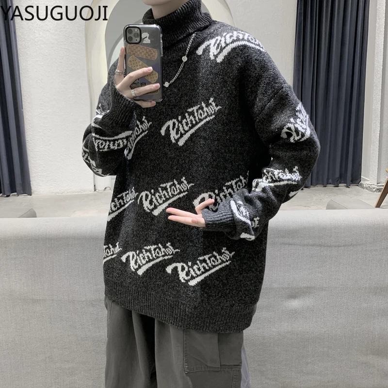 

YASUGUOJI New 2022 Winter Men's Turtleneck Sweaters Hip Pop Letter Print Man Casual Knitter Pullovers Harajuku Male Sweaters
