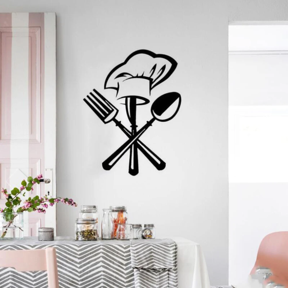 

Creative Removable Kitchen Wall Sticker DIY Fork Cutlery Chef Hat Wall Decal Posters Sticker for Restaurant Kitchen Home Decor