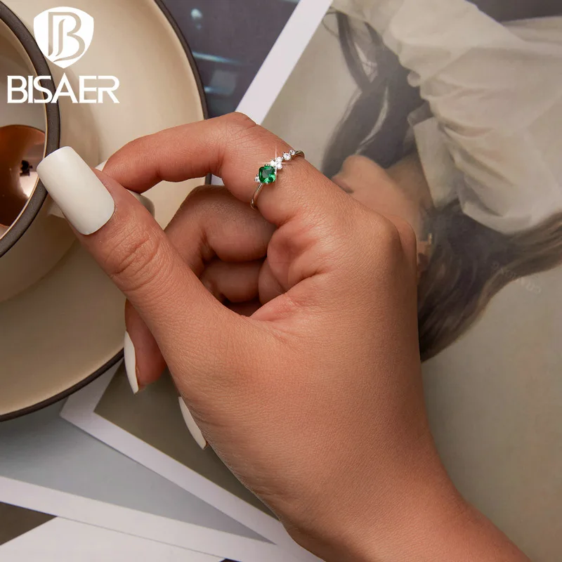 

BISAER 925 Sterling Silver Ring Green Zircon Open Rings Plated Platinum Size 5-9 For Women Wedding Party Fine Jewelry EFR260