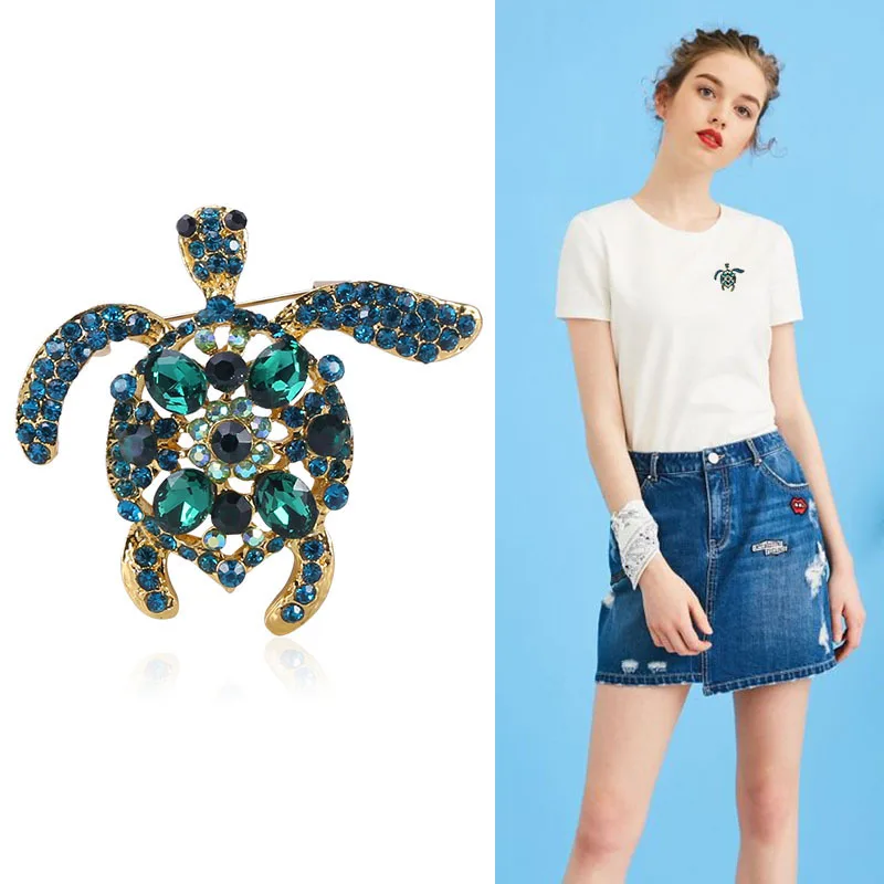 New Fashion Cute Full of Green Crystal Sea Turtle Animal Brooch for Women Charm Zircon Enamel Pins Jewelry Girls Party Gift 2023