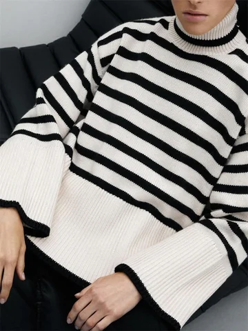 Tossy Winter Winter Feminino Mangas compridas Camisinho de malha de gola alta listrada Tops de pulôver solto 2023 Novo suéter de tamanho grande de outono