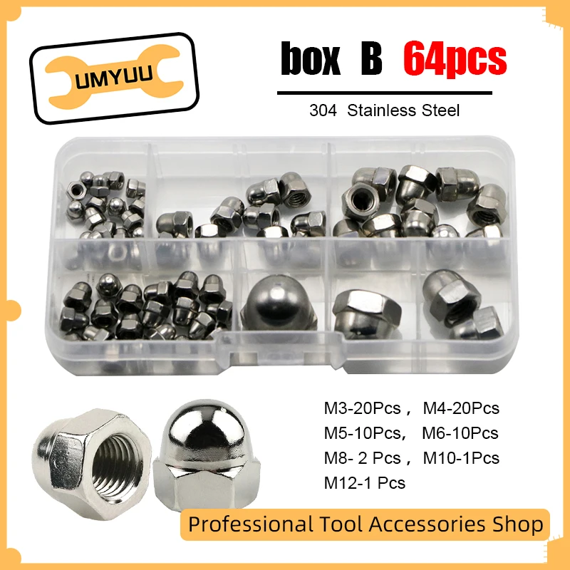 

UMYUU 64Pcs 304 Stainless Steel Round Head Cover Acorn Nut Metric M3 M4 M5 M6 M8 M10 M12 Dome Cap Head Hex Nuts Assortment Kit