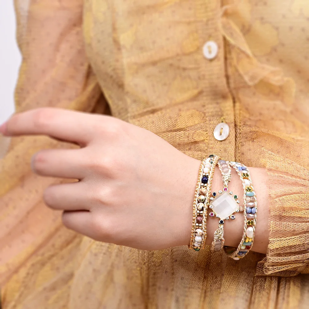 Уникальный подарочный браслет кошачий глаз из натурального камня 3-слойный