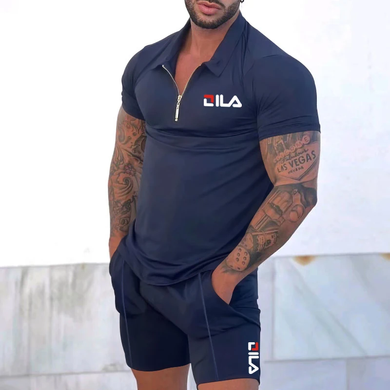 New Men's Trackwear Set Summer Short Sleeve Thin Polo Shirt + Sport Shorts 2 Pieces Men's Solid Set Casual Jogging Sportswear