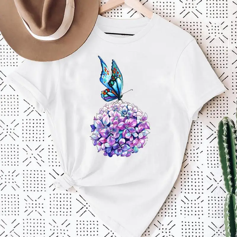 

Women Flower Floral Butterfly New 90s Casual Fashion Print Sweet Summer Short Sleeve Lovely Clothes Tops Tees Tshirt T-Shirt