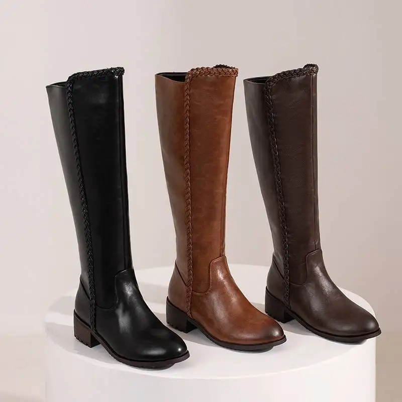 

SIMLOVEYO Ladies Knee-high Boots 37cm Wide Leg Round Toe Thick Heel 4.5cm Zipper British Style Plus Size 46 47 48 Leisure Shoes