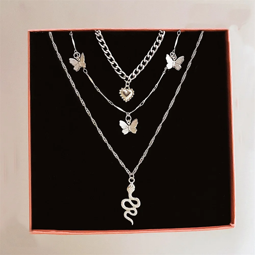 Фото FNIO корейское модное ожерелье с бабочкой и змеей для женщин многослойная цепочка