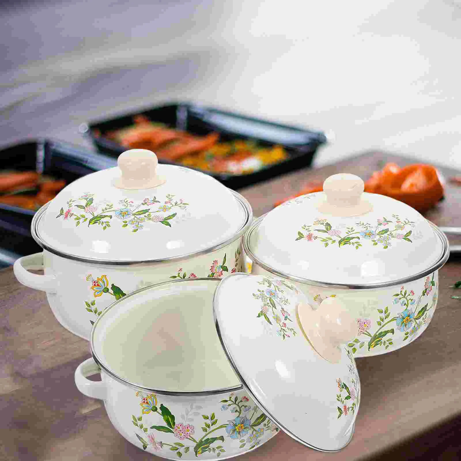 Кастрюля с цветочным принтом в стиле ретро плита глиняной эмалью маленькая