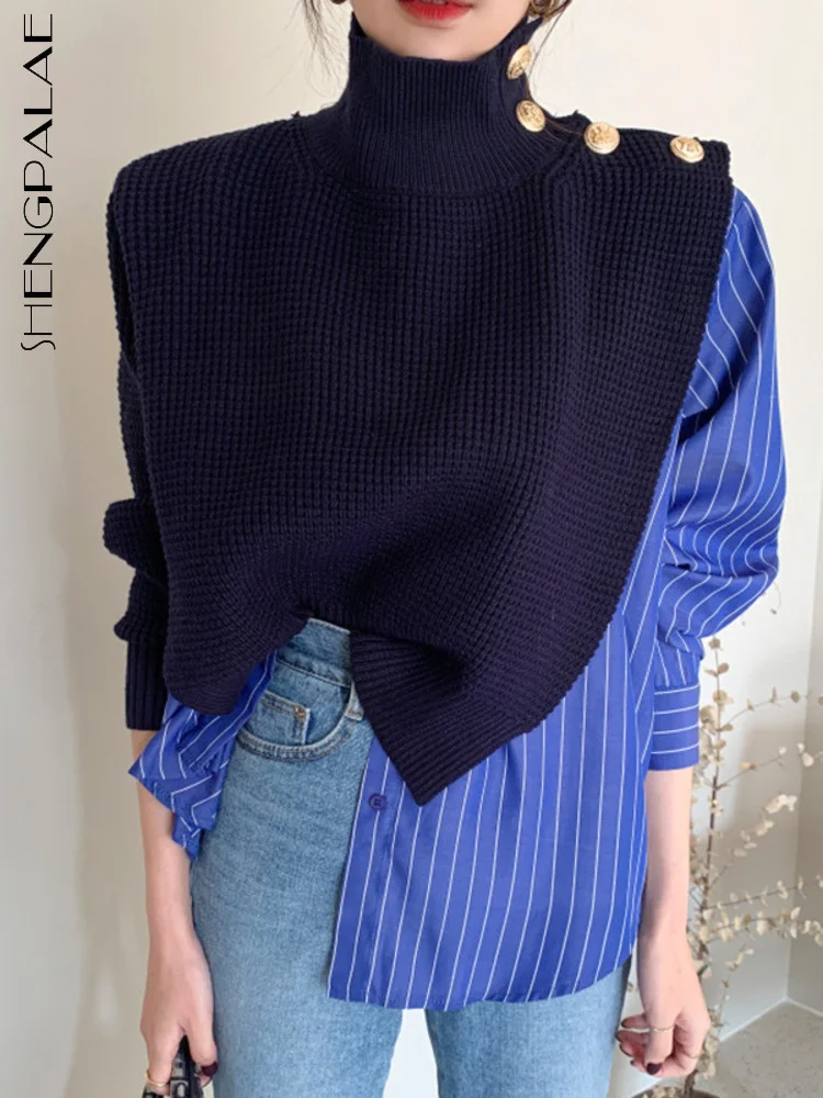 

SHENGPAIAE 2022 зимняя рубашка с высоким воротником и боковыми пуговицами, сшитая рубашка из двух частей, полосатый свитер с рукавами-пузырьками, с...
