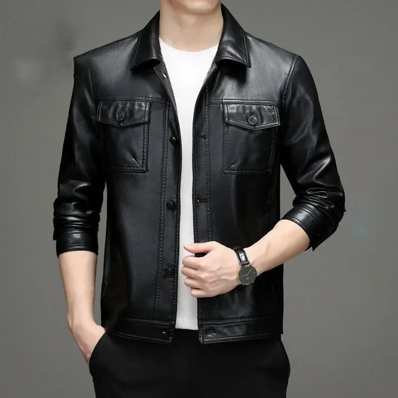 Мужская повседневная куртка из натуральной кожи однобортное короткое пальто с