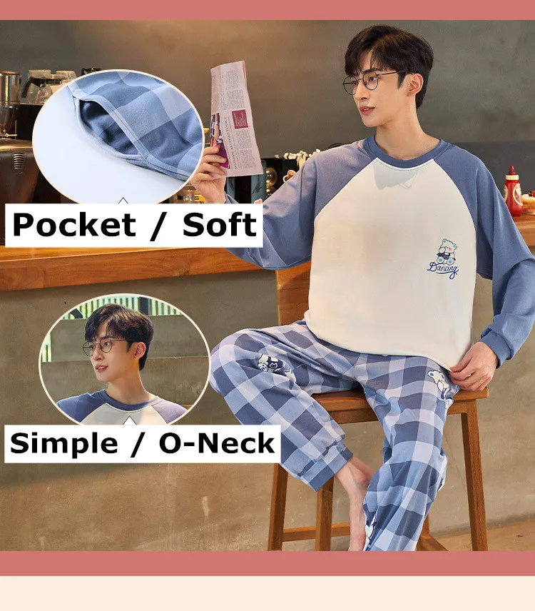 Yasuk Spring Autumn Fashion Women's Casual Lovely Soft Cotton Sleepwear Homewear Couple Pajamas Set With Pants Stripe Print Plai