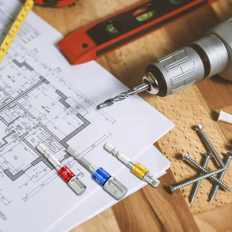 

Adapter Drill Bit, 3Pcs Impact Socket Square Nut Driver Bit + 3Pcs 1/4 Hex Shank Screwdriver Bit Holder + 1Pcs 1/4 Hex 105 Degre