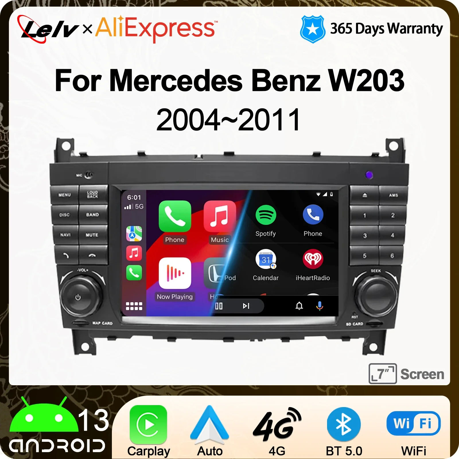 Фото Автомобильный мультимедийный плеер Lelv 7 дюймов Android 13 для Mercedes Benz C-Class W203 W209 C180 W219 2004-2011 Автомобильный мультимедийный плеер 128 ГБ 2Din GPS №1
