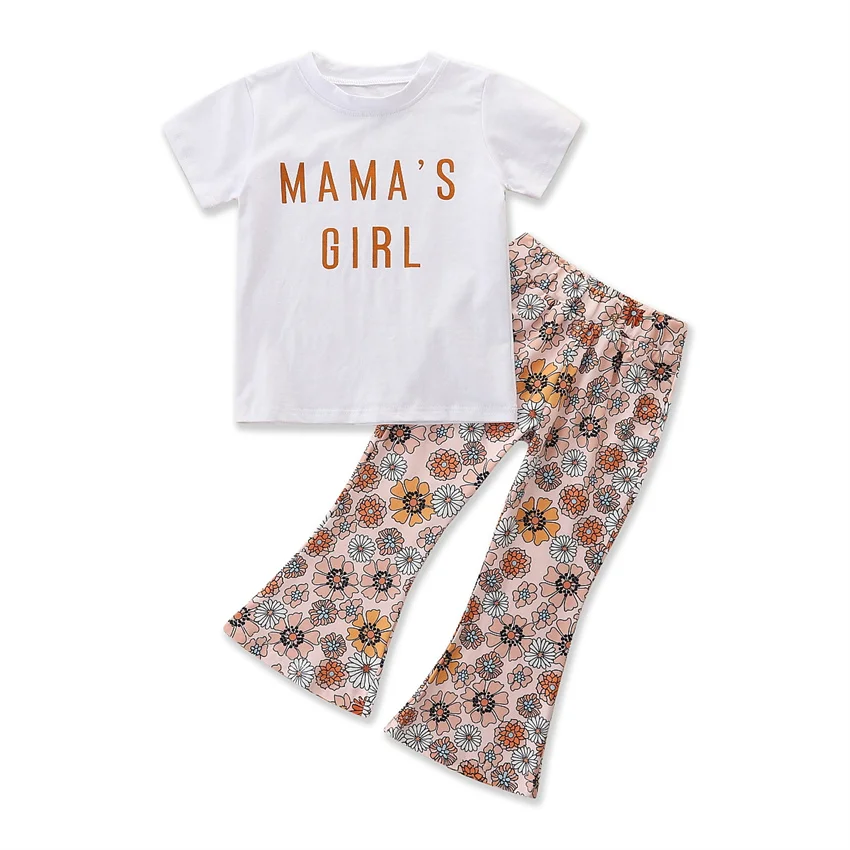 

Summer Girl Set White T Shirt Floral Pants Suits For Kids Fashion Girl Clothing Casual O Neck Letter Print Bell Bottom Girl Set