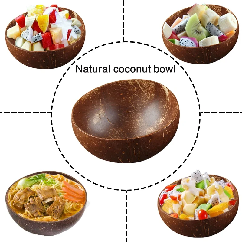 12-15cm Natural coconut bowl set handmade coconut shell tableware wood spoon dessert fruit salad mixing bowl rice Ramen bowl