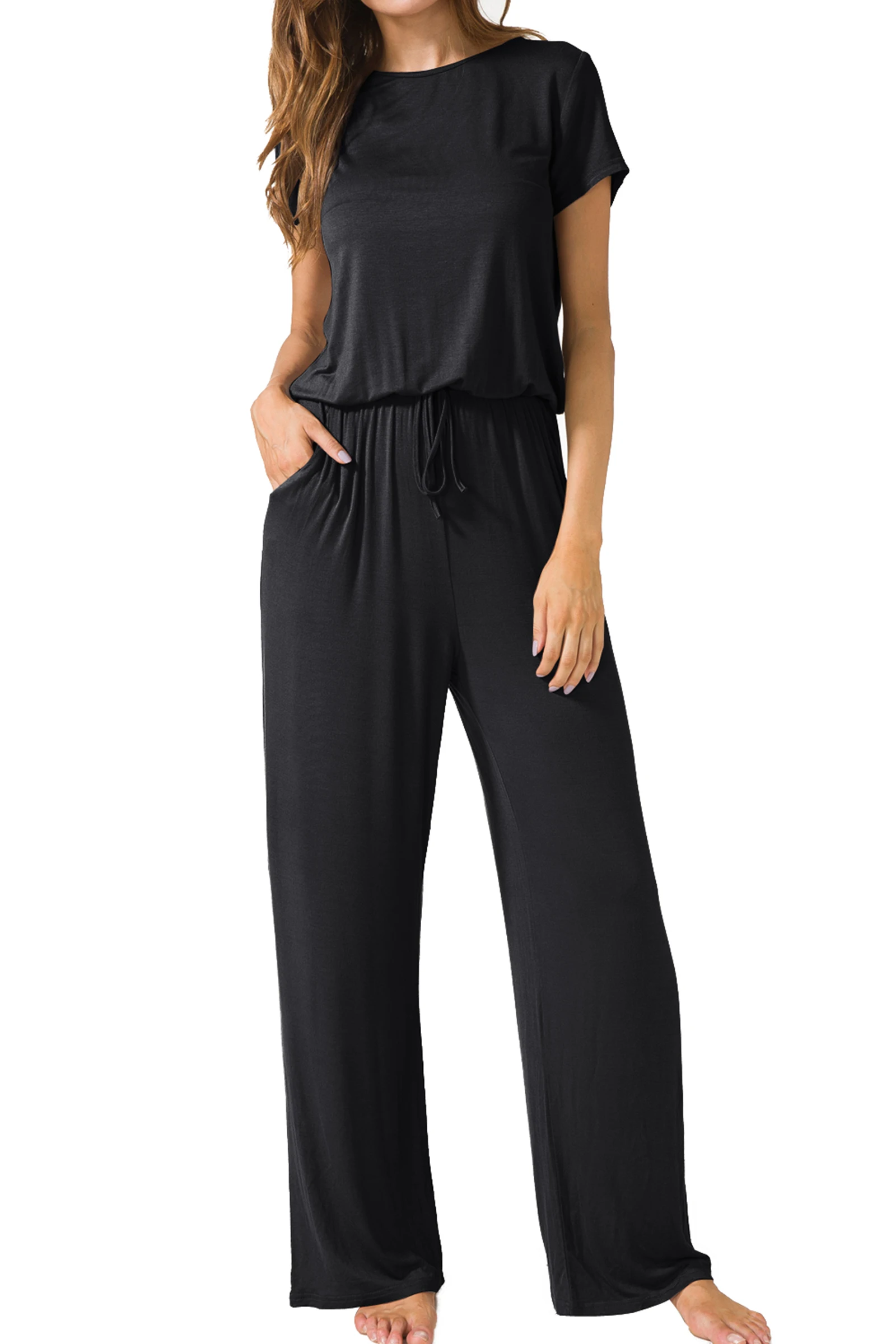 LEVACA Womens Drawstring Solid Round Neck Loose Wide Legs Casual Summer Jumpsuits