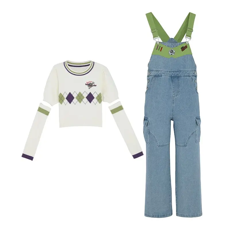 

Original Disney Toy Story Buzz Lightyear Knitted T-Shirt Top Cartoon Women's Denim Strap Pants Casual Embroidery Top Jeans Suit
