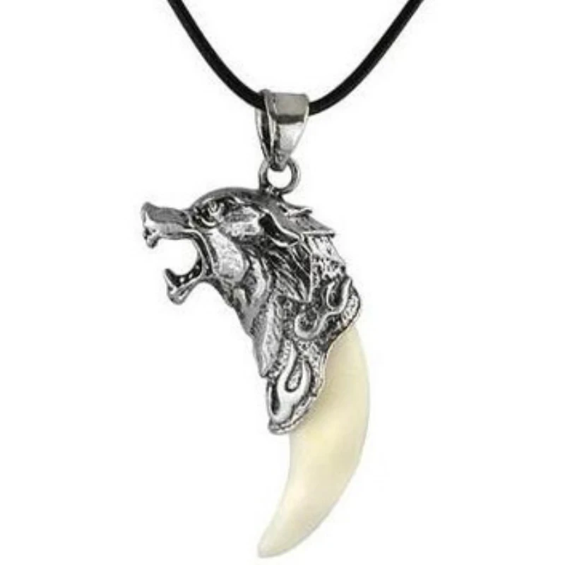 

New Fashion Antique Men Necklace Tribal Carved Wolf Fang Tooth Pendant Faux Leather Rope Necklaces for Men Women 2022 New