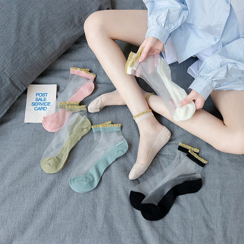 

Новые летние тонкие шелковые носки, модные воздухопроницаемые кружевные носки из хлопка, впитывающие пот