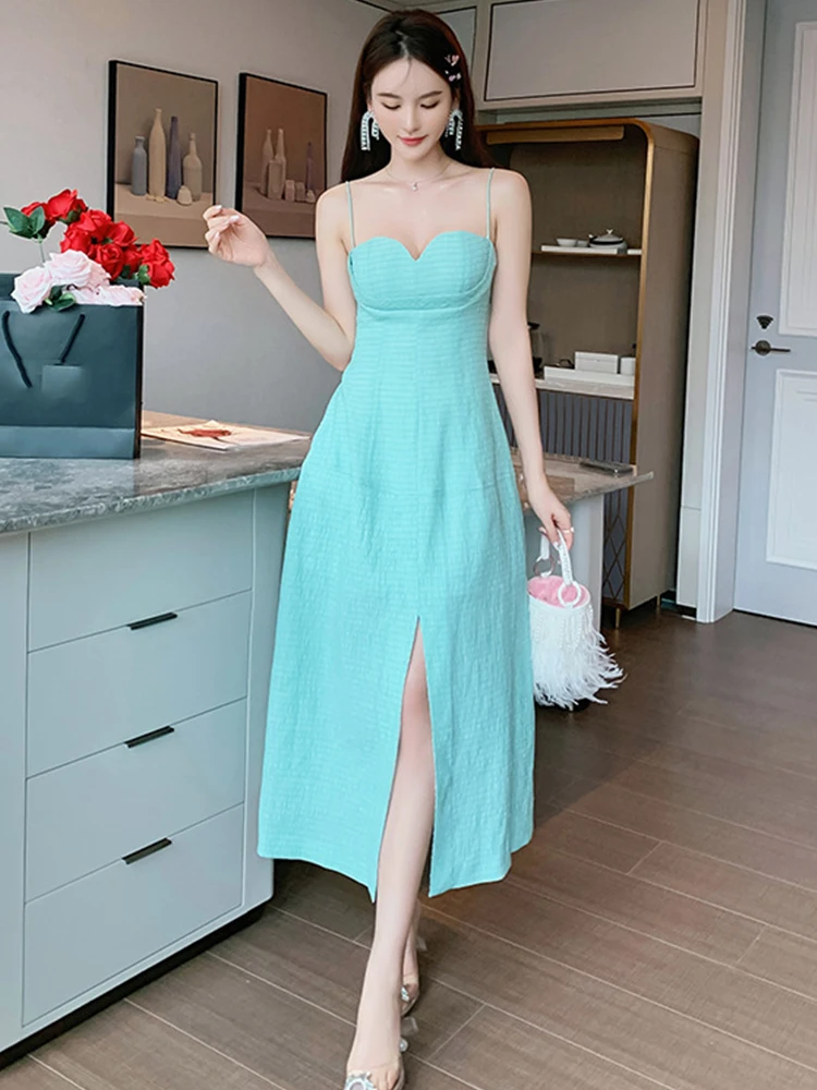 

Summer Sweet Sexy Women Dress Blue Solid Strap With Chest Pads Cami Sleeveless Backless Midi Empire Waist Slit Girl Ball Gown