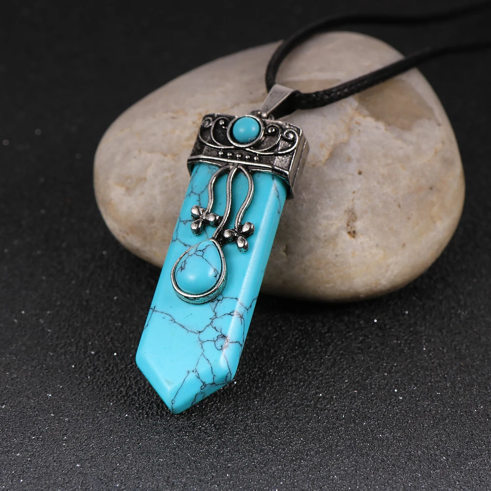 Large Irregular Polygon Turquoise Pendant Necklace Natural Semi-precious Stone Crafts Pink Crystal Women Men Chain Chokers Gift