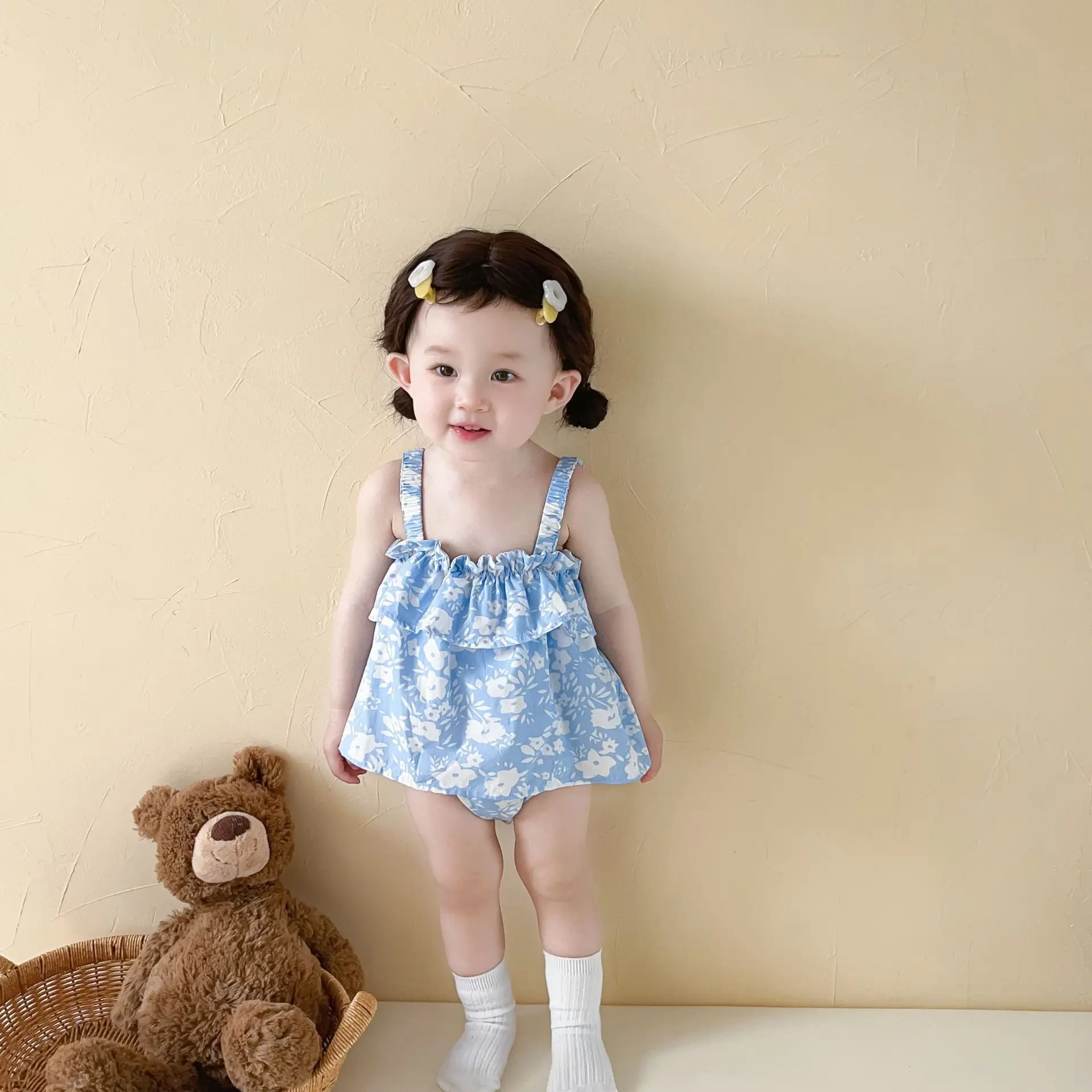 

Jenny&Dave Baby Clothes 2023 Summer Full Print Small Flowers Wrapped Fart Clothes Baby Girls Summer Dress Sweet Fashionable Slin
