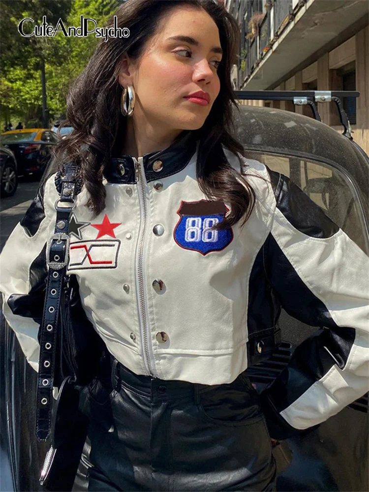 

Мотоциклетные и байкерские куртки cuteandпсихошик Y2K из искусственной кожи, модные лоскутные куртки на молнии с буквенным принтом, повседневна...