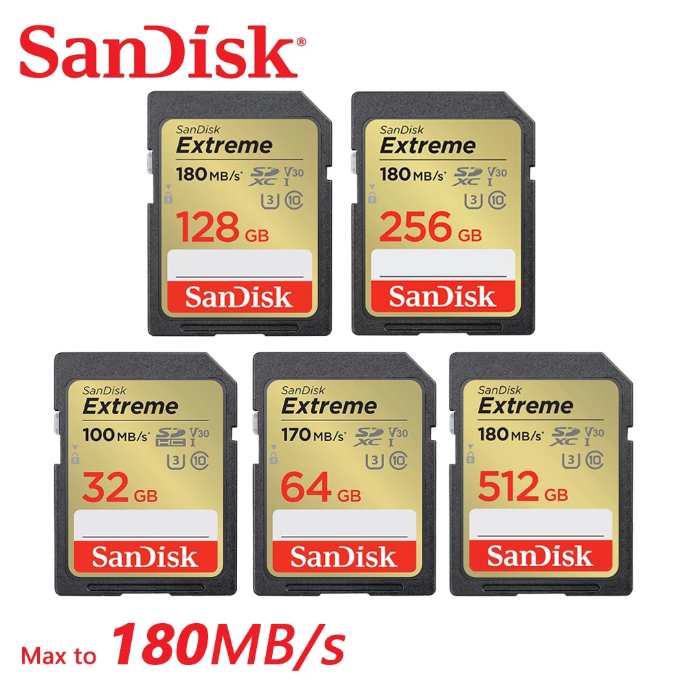 

SanDisk Memory Card Extreme SDXC UHS-I Card 32GB 64GB 128GB SD Card Class10 C10 U3 V30 UHS-I Flash Card For Camera SDXVE 180MB/s