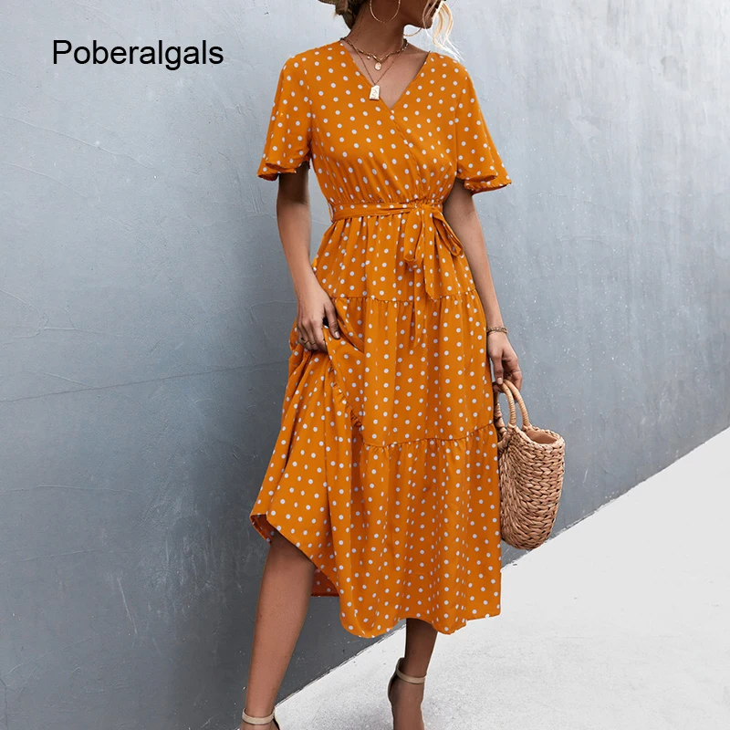 

Женское элегантное платье в горошек с цветочным принтом, летние платья, новинка 2022, пикантное ТРАПЕЦИЕВИДНОЕ платье миди с V-образным вырезо...