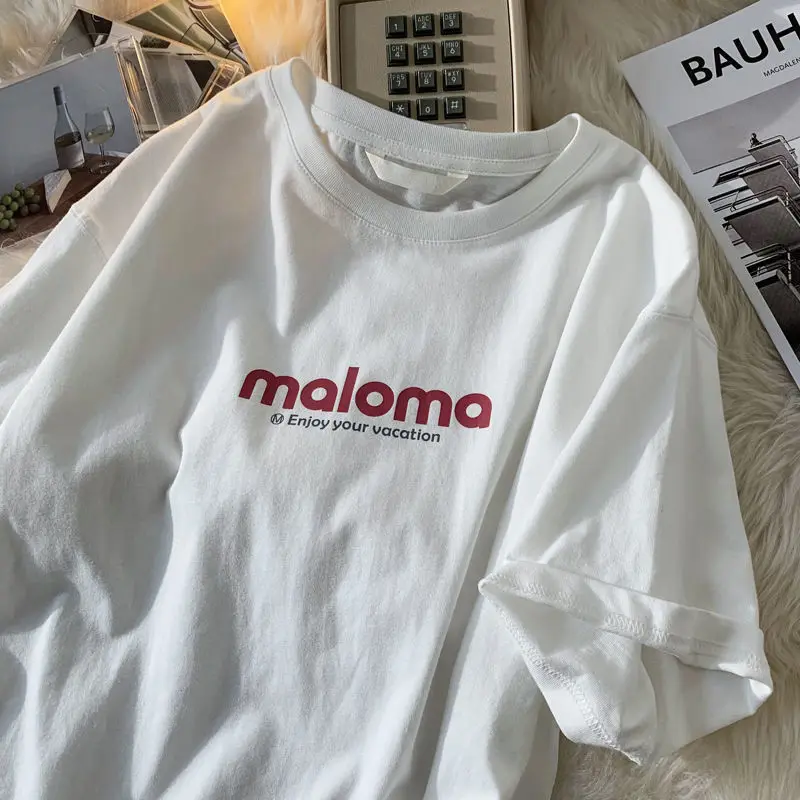 

Хлопковая футболка в гонконгском стиле с принтом алфавита, летняя мужская Свободная футболка с коротким рукавом, модная футболка с коротки...