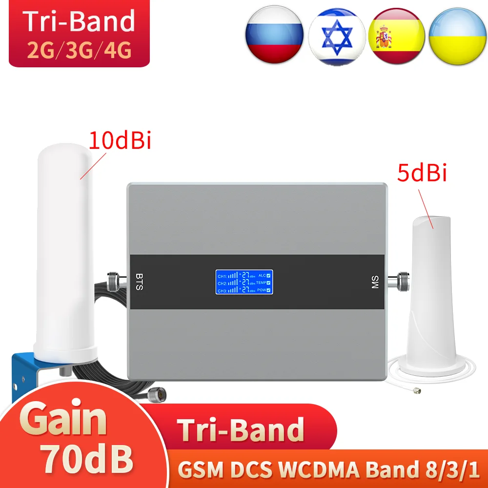 

Tri-band 70dB High Gain Amplifier Antenna Kit 900/1800/2100MHz Mobile Phones Booster 3G 4G DCS WCDMA Band8/3/1