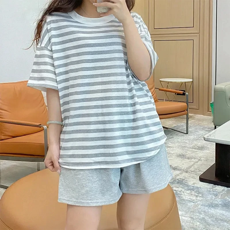 Pajamas Women'S 2 Piece Set Summer 100% Cotton  Korean Kawaii Nightwear Short Sleeve Striped Casual Loose Homewear Set