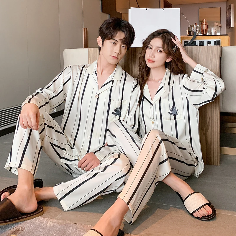 Spring Autumn Women Fashion Pajamas Faux Silk Striped Print Home Clothes Sets