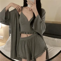 pajama set woman 3 pieces sexy suspenders loose shorts sleepwear womens spring and summer new japanese long sleeve nightgown