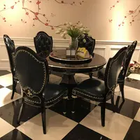 European style dining table and chairs 1.5m solid wood carved round table simple European leather dining chair