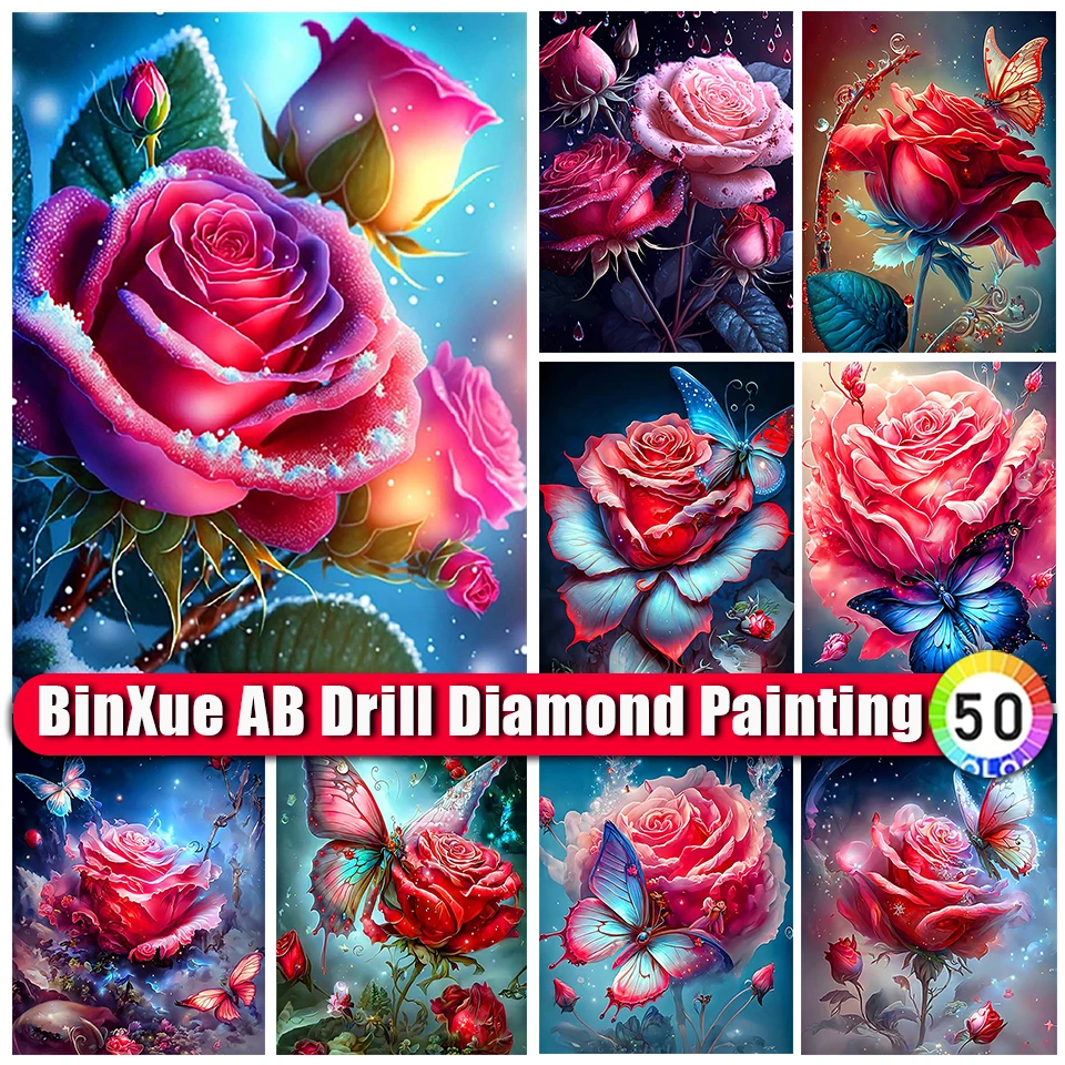 

BinXue 2023 New 5D DIY Fantasy Rose AB Diamond Painting Kit Flower Animal Butterfly Handmade Cross Stitch Mosaic Home Decor Gift