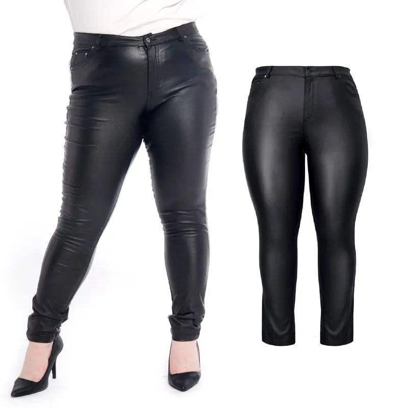 

Womens Plus Size Stretchy High-Waist Jeggings, Faux Leather Legging Pants with Pockets