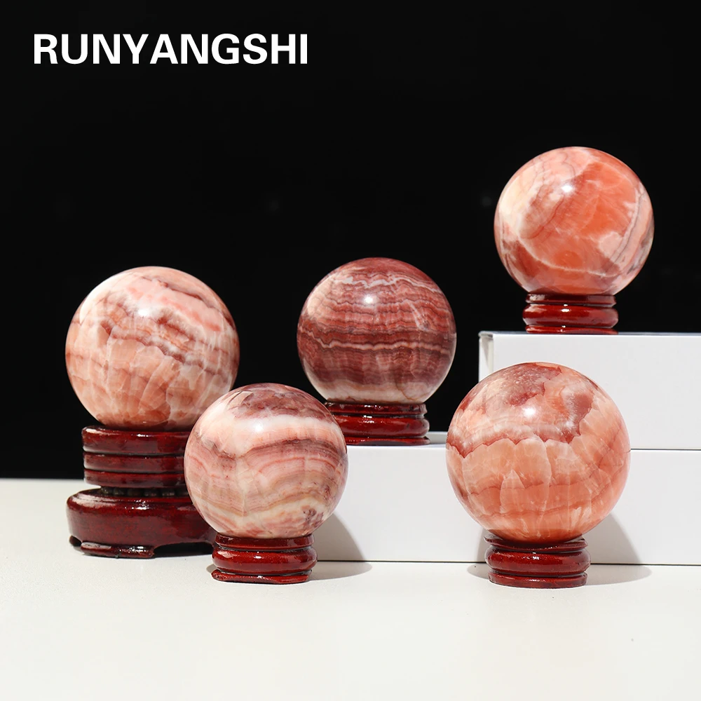 

1pc Natural Rhodochrosite Ball Energy Magic Crystal Ball Ornament Red Stripe Quartz Feng Shui Decoration With Wood Base