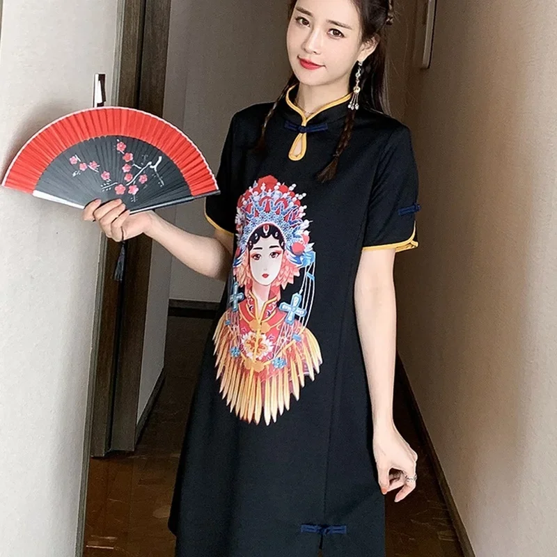 Черное Восточное короткое платье чонсам китайское халат Ципао винтажная Женская