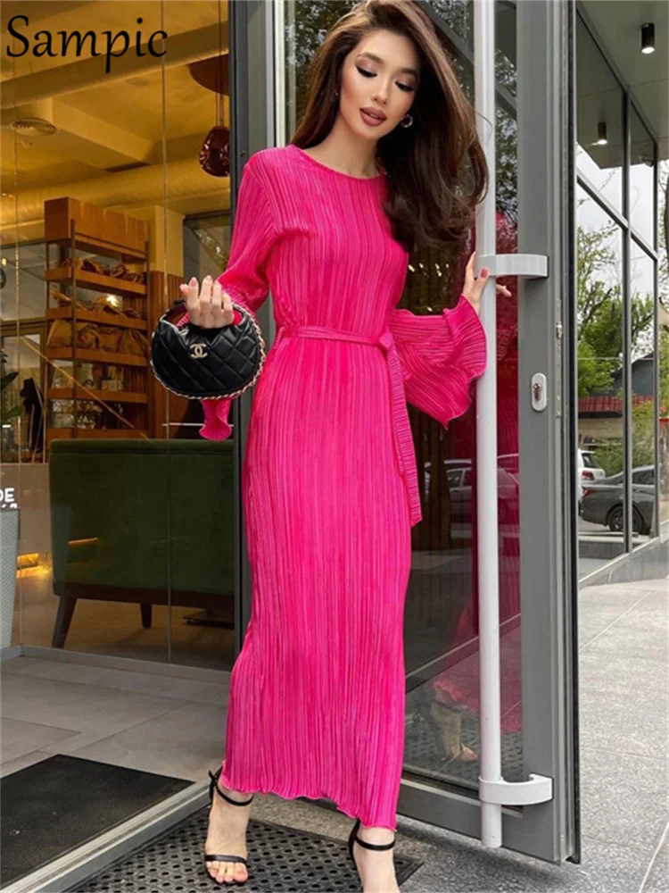 

Sampic Pleated O Neck Long Sleeve Midi Dress Women Autumn Winter Elegant Flare Sleeve Fashion Party Dresses Club Outfits