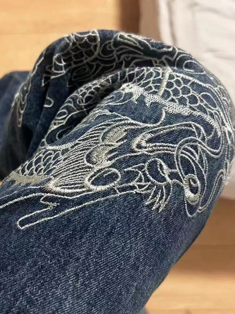 American Streetwear Chinese Dragon Embroidered Straight Loose Pants Y2k Jeans Men and Women Couples Loose Casual Pants Softener
