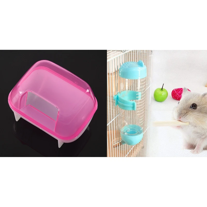 1Pcs Pink White Small Hamsters Bathing Sand Cage Pet Bathroom 10 X 7 X 7Cm & 1Pcs Pet Dog Water Dispenser, Hanging Automatic Wat