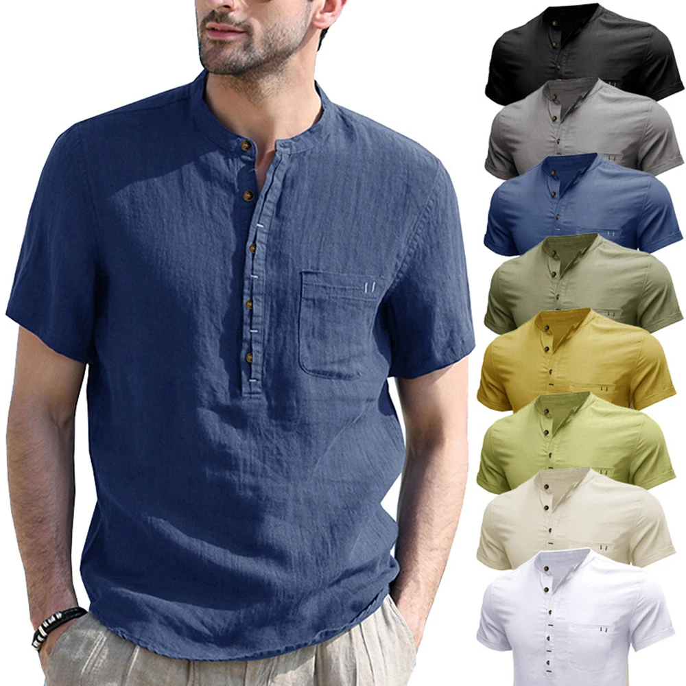 

Men's Solid Color Cotton Henley Shirt Short-sleeved T-shirt 2023 Summer New Simple Fashion Casual Shirt Tops Men's Clothing