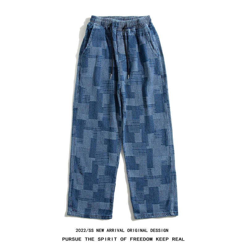 

2022 Summer New Irregular Plaid Multi-pocket Jeans Men's Street Straight Fashion Wide Leg Harajuku Loose Casual Trousers