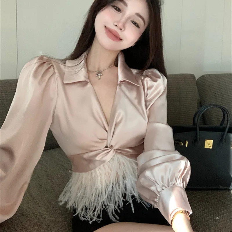 

Spring Plume Slim Short Tops Elegant Stylish Long Sleeve V Neck Satin Shirts and Blouses 2023 Fashion Sexy Silk Blusas 26560