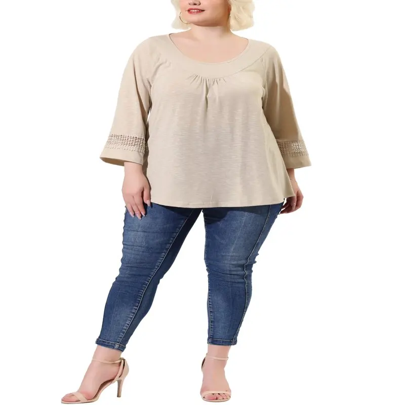 

Plus Size Stylish Crochet Panel Raglan Sleeves Ruched Front Kimono Top, Perfect for Summer and Autumn Wears.