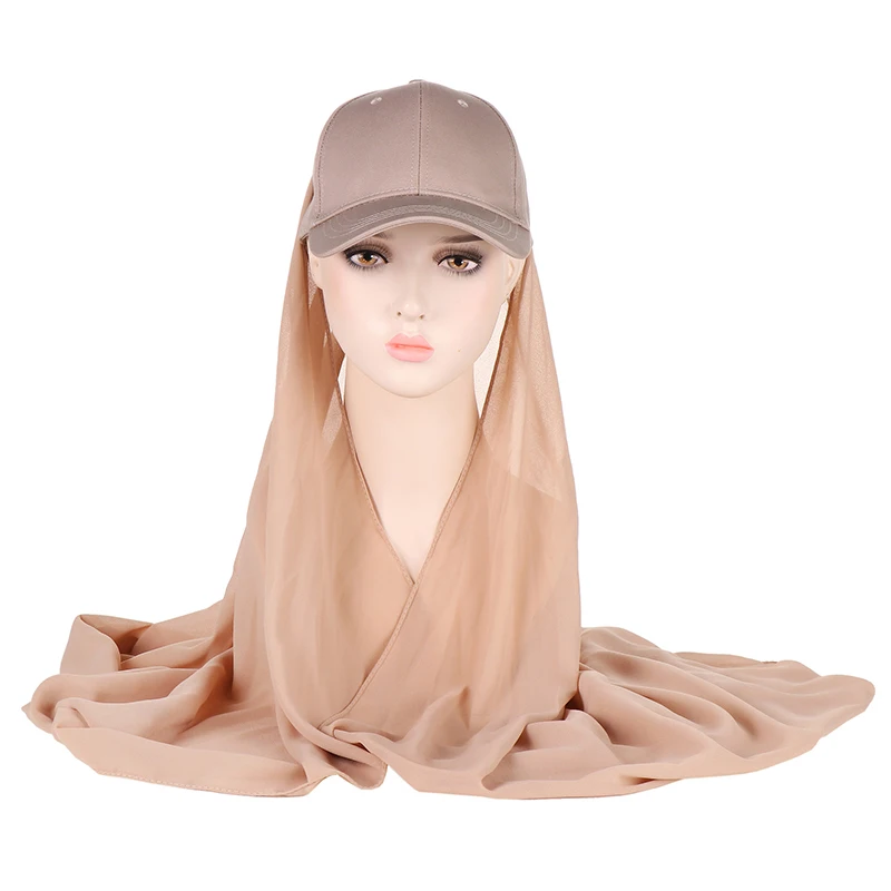 2 In 1 Chiffon Hijab Scarf Sports Baseball Cap Scarf with Shawl Summer Outdoor Muslim Women Accessories Islamic Head Scarf