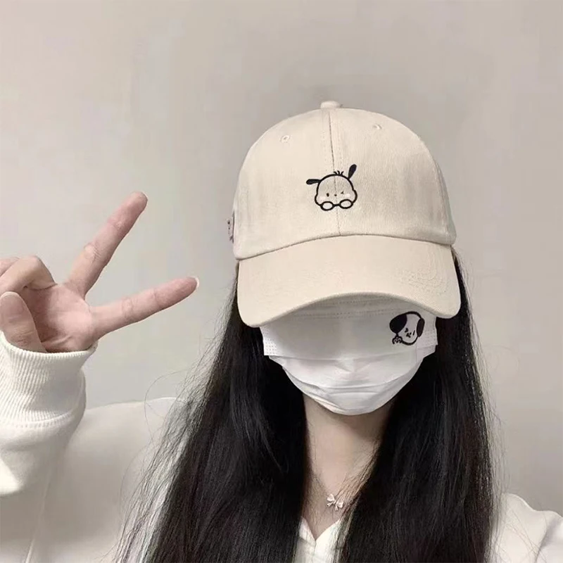 

Sanrio Pochacco Hello Kitty Cute Beige Peaked Cap Sunshade Sunscreen Fashion Face Little Girl Baseball Cap Soft Top Hat